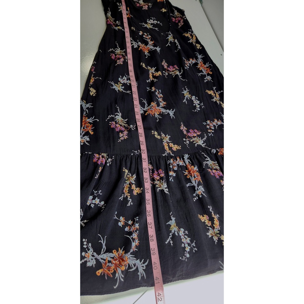 PAIGE Floral Tie Shoulder Midi Dress Black Smocked Back Ruffle Hem Large - Picture 5 of 6